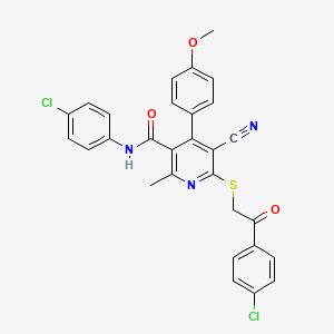 molecular formula C29H21Cl2N3O3S B2951226 N-(4-chlorophenyl)-6-{[2-(4-chlorophenyl)-2-oxoethyl]sulfanyl}-5-cyano-4-(4-methoxyphenyl)-2-methylpyridine-3-carboxamide CAS No. 375835-02-2