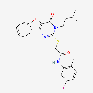 molecular formula C24H24FN3O3S B2951283 N-(5-fluoro-2-methylphenyl)-2-{[3-(3-methylbutyl)-4-oxo-3,4-dihydro[1]benzofuro[3,2-d]pyrimidin-2-yl]sulfanyl}acetamide CAS No. 900003-24-9