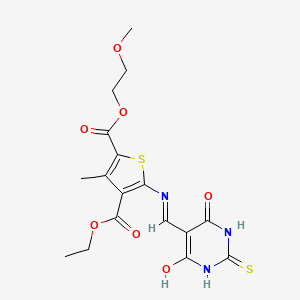 molecular formula C17H19N3O7S2 B2951395 4-ethyl 2-(2-methoxyethyl) 5-(((4,6-dioxo-2-thioxotetrahydropyrimidin-5(2H)-ylidene)methyl)amino)-3-methylthiophene-2,4-dicarboxylate CAS No. 1021263-01-3