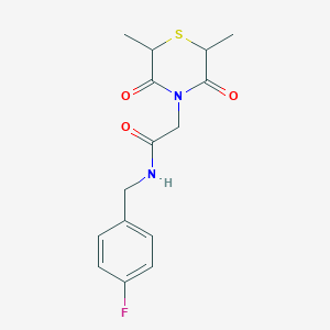 molecular formula C15H17FN2O3S B2951473 2-(2,6-二甲基-3,5-二氧代硫代吗啉-4-基)-N-[(4-氟苯基)甲基]乙酰胺 CAS No. 868215-53-6