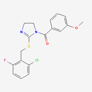 molecular formula C18H16ClFN2O2S B2951664 (2-((2-chloro-6-fluorobenzyl)thio)-4,5-dihydro-1H-imidazol-1-yl)(3-methoxyphenyl)methanone CAS No. 851802-75-0