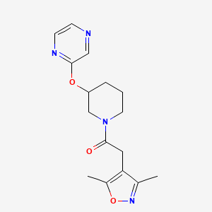 molecular formula C16H20N4O3 B2951691 2-(3,5-Dimethylisoxazol-4-yl)-1-(3-(pyrazin-2-yloxy)piperidin-1-yl)ethanone CAS No. 2034433-28-6