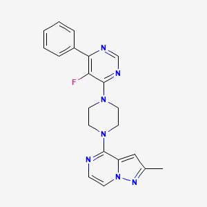 molecular formula C21H20FN7 B2951694 4-[4-(5-Fluoro-6-phenylpyrimidin-4-yl)piperazin-1-yl]-2-methylpyrazolo[1,5-a]pyrazine CAS No. 2415629-99-9
