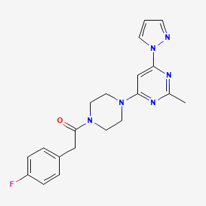 molecular formula C20H21FN6O B2951697 2-(4-fluorophenyl)-1-(4-(2-methyl-6-(1H-pyrazol-1-yl)pyrimidin-4-yl)piperazin-1-yl)ethanone CAS No. 1171431-81-4