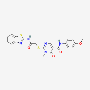 molecular formula C22H19N5O4S2 B2951906 2-((2-(benzo[d]thiazol-2-ylamino)-2-oxoethyl)thio)-N-(4-methoxyphenyl)-1-methyl-6-oxo-1,6-dihydropyrimidine-5-carboxamide CAS No. 894046-24-3