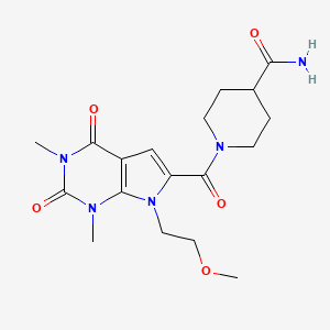 molecular formula C18H25N5O5 B2951911 1-(7-(2-methoxyethyl)-1,3-dimethyl-2,4-dioxo-2,3,4,7-tetrahydro-1H-pyrrolo[2,3-d]pyrimidine-6-carbonyl)piperidine-4-carboxamide CAS No. 1021023-16-4
