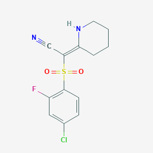 molecular formula C13H12ClFN2O2S B2951926 (2E)-[(4-chloro-2-fluorophenyl)sulfonyl](piperidin-2-ylidene)acetonitrile CAS No. 1454881-65-2