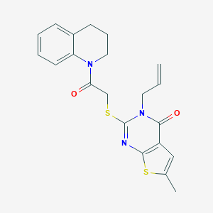 molecular formula C21H21N3O2S2 B295202 2-[2-(3,4-dihydro-2H-quinolin-1-yl)-2-oxoethyl]sulfanyl-6-methyl-3-prop-2-enylthieno[2,3-d]pyrimidin-4-one 