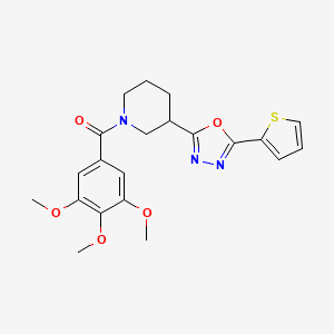 molecular formula C21H23N3O5S B2952021 3-[5-(thiophen-2-yl)-1,3,4-oxadiazol-2-yl]-1-(3,4,5-trimethoxybenzoyl)piperidine CAS No. 1105199-83-4