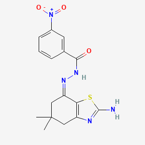 molecular formula C16H17N5O3S B2952043 (Z)-N'-(2-amino-5,5-dimethyl-5,6-dihydrobenzo[d]thiazol-7(4H)-ylidene)-3-nitrobenzohydrazide CAS No. 302583-02-4