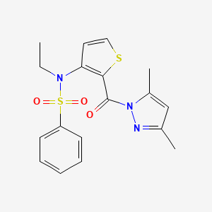 molecular formula C18H19N3O3S2 B2952051 N-{2-[(3,5-dimethyl-1H-pyrazol-1-yl)carbonyl]thiophen-3-yl}-N-ethylbenzenesulfonamide CAS No. 1325306-80-6
