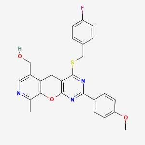 molecular formula C26H22FN3O3S B2952054 (4-((4-fluorobenzyl)thio)-2-(4-methoxyphenyl)-9-methyl-5H-pyrido[4',3':5,6]pyrano[2,3-d]pyrimidin-6-yl)methanol CAS No. 892414-89-0