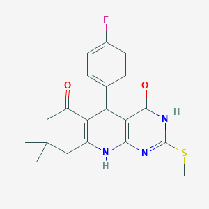 molecular formula C20H20FN3O2S B2952088 5-(4-fluorophenyl)-8,8-dimethyl-2-(methylsulfanyl)-5,8,9,10-tetrahydropyrimido[4,5-b]quinoline-4,6(3H,7H)-dione CAS No. 537044-09-0