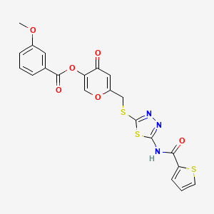 4-oxo-6-(((5-(thiophene-2-carboxamido)-1,3,4-thiadiazol-2-yl)thio)methyl)-4H-pyran-3-yl 3-methoxybenzoate