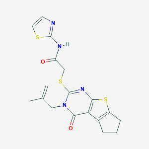 molecular formula C18H18N4O2S3 B295210 2-{[3-(2-methyl-2-propenyl)-4-oxo-3,5,6,7-tetrahydro-4H-cyclopenta[4,5]thieno[2,3-d]pyrimidin-2-yl]thio}-N-(1,3-thiazol-2-yl)acetamide 