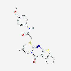 molecular formula C22H23N3O3S2 B295211 N-(4-methoxyphenyl)-2-[[11-(2-methylprop-2-enyl)-12-oxo-7-thia-9,11-diazatricyclo[6.4.0.02,6]dodeca-1(8),2(6),9-trien-10-yl]sulfanyl]acetamide 