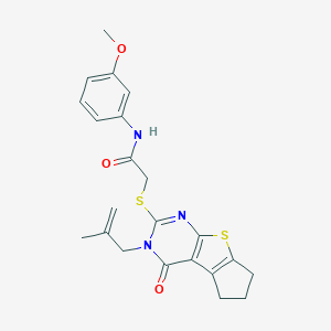 molecular formula C22H23N3O3S2 B295212 N-(3-methoxyphenyl)-2-[[11-(2-methylprop-2-enyl)-12-oxo-7-thia-9,11-diazatricyclo[6.4.0.02,6]dodeca-1(8),2(6),9-trien-10-yl]sulfanyl]acetamide 
