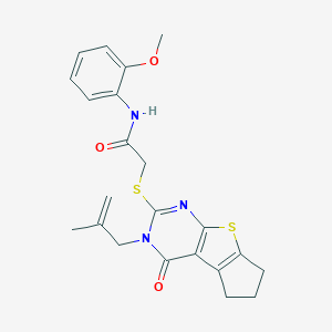 molecular formula C22H23N3O3S2 B295213 N-(2-methoxyphenyl)-2-[[11-(2-methylprop-2-enyl)-12-oxo-7-thia-9,11-diazatricyclo[6.4.0.02,6]dodeca-1(8),2(6),9-trien-10-yl]sulfanyl]acetamide 