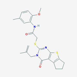 molecular formula C23H25N3O3S2 B295214 N-(2-methoxy-5-methylphenyl)-2-[[11-(2-methylprop-2-enyl)-12-oxo-7-thia-9,11-diazatricyclo[6.4.0.02,6]dodeca-1(8),2(6),9-trien-10-yl]sulfanyl]acetamide 