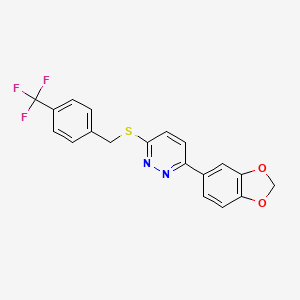 molecular formula C19H13F3N2O2S B2952152 3-(Benzo[d][1,3]dioxol-5-yl)-6-((4-(trifluoromethyl)benzyl)thio)pyridazine CAS No. 923071-51-6