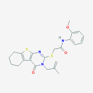 molecular formula C23H25N3O3S2 B295216 N-(2-methoxyphenyl)-2-{[3-(2-methyl-2-propenyl)-4-oxo-3,4,5,6,7,8-hexahydro[1]benzothieno[2,3-d]pyrimidin-2-yl]thio}acetamide 