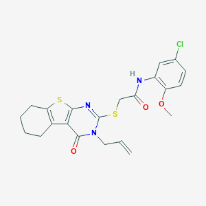molecular formula C22H22ClN3O3S2 B295217 2-[(3-allyl-4-oxo-3,4,5,6,7,8-hexahydro[1]benzothieno[2,3-d]pyrimidin-2-yl)thio]-N-(5-chloro-2-methoxyphenyl)acetamide 