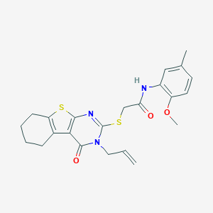 molecular formula C23H25N3O3S2 B295218 2-[(3-allyl-4-oxo-3,4,5,6,7,8-hexahydro[1]benzothieno[2,3-d]pyrimidin-2-yl)thio]-N-(2-methoxy-5-methylphenyl)acetamide 