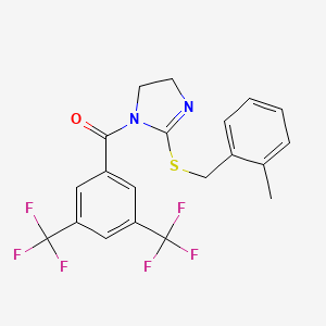 molecular formula C20H16F6N2OS B2952204 [3,5-Bis(trifluoromethyl)phenyl]-[2-[(2-methylphenyl)methylsulfanyl]-4,5-dihydroimidazol-1-yl]methanone CAS No. 862826-89-9