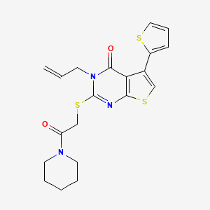 molecular formula C20H21N3O2S3 B2952209 2-{[2-oxo-2-(piperidin-1-yl)ethyl]sulfanyl}-3-(prop-2-en-1-yl)-5-(thiophen-2-yl)-3H,4H-thieno[2,3-d]pyrimidin-4-one CAS No. 683779-93-3