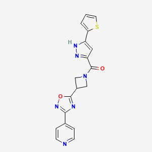 molecular formula C18H14N6O2S B2952217 (3-(3-(pyridin-4-yl)-1,2,4-oxadiazol-5-yl)azetidin-1-yl)(3-(thiophen-2-yl)-1H-pyrazol-5-yl)methanone CAS No. 1298062-27-7