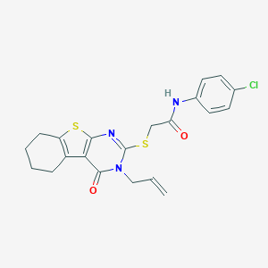 molecular formula C21H20ClN3O2S2 B295235 2-[(3-allyl-4-oxo-3,4,5,6,7,8-hexahydro[1]benzothieno[2,3-d]pyrimidin-2-yl)sulfanyl]-N-(4-chlorophenyl)acetamide 