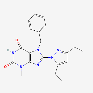 molecular formula C20H22N6O2 B2952375 8-(3,5-Diethylpyrazolyl)-3-methyl-7-benzyl-1,3,7-trihydropurine-2,6-dione CAS No. 1014032-93-9