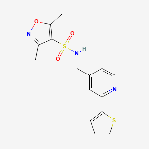 molecular formula C15H15N3O3S2 B2952381 3,5-dimethyl-N-((2-(thiophen-2-yl)pyridin-4-yl)methyl)isoxazole-4-sulfonamide CAS No. 1903080-93-2