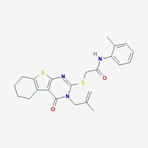 molecular formula C23H25N3O2S2 B295239 N-(2-methylphenyl)-2-{[3-(2-methyl-2-propenyl)-4-oxo-3,4,5,6,7,8-hexahydro[1]benzothieno[2,3-d]pyrimidin-2-yl]sulfanyl}acetamide 