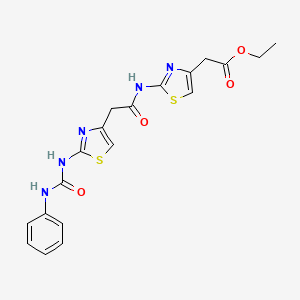 molecular formula C19H19N5O4S2 B2952406 Ethyl 2-(2-(2-(2-(3-phenylureido)thiazol-4-yl)acetamido)thiazol-4-yl)acetate CAS No. 921468-74-8