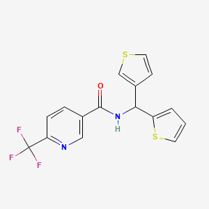 molecular formula C16H11F3N2OS2 B2952448 N-(thiophen-2-yl(thiophen-3-yl)methyl)-6-(trifluoromethyl)nicotinamide CAS No. 2034419-57-1