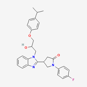 molecular formula C29H30FN3O3 B2952461 1-(4-Fluorophenyl)-4-(1-{2-hydroxy-3-[4-(methylethyl)phenoxy]propyl}benzimidaz ol-2-yl)pyrrolidin-2-one CAS No. 1018162-79-2