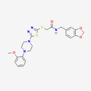 molecular formula C23H25N5O4S2 B2952492 N-(benzo[d][1,3]dioxol-5-ylmethyl)-2-((5-(4-(2-methoxyphenyl)piperazin-1-yl)-1,3,4-thiadiazol-2-yl)thio)acetamide CAS No. 1105252-53-6