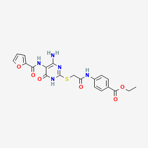 molecular formula C20H19N5O6S B2952549 4-(2-((4-氨基-5-(呋喃-2-甲酰胺基)-6-氧代-1,6-二氢嘧啶-2-基)硫代)乙酰氨基)苯甲酸乙酯 CAS No. 868226-38-4