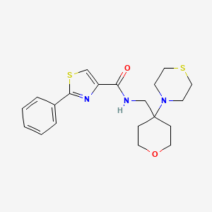 molecular formula C20H25N3O2S2 B2952569 2-Phenyl-N-[(4-thiomorpholin-4-yloxan-4-yl)methyl]-1,3-thiazole-4-carboxamide CAS No. 2415543-21-2