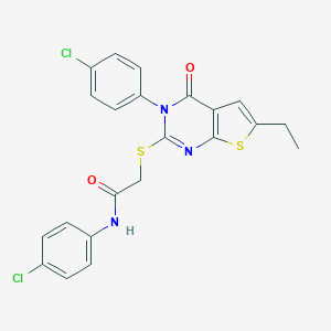 molecular formula C22H17Cl2N3O2S2 B295268 N-(4-chlorophenyl)-2-{[3-(4-chlorophenyl)-6-ethyl-4-oxo-3,4-dihydrothieno[2,3-d]pyrimidin-2-yl]sulfanyl}acetamide 