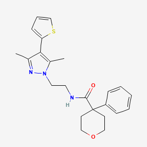 molecular formula C23H27N3O2S B2952696 N-(2-(3,5-dimethyl-4-(thiophen-2-yl)-1H-pyrazol-1-yl)ethyl)-4-phenyltetrahydro-2H-pyran-4-carboxamide CAS No. 2034355-83-2