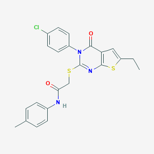 molecular formula C23H20ClN3O2S2 B295270 2-{[3-(4-chlorophenyl)-6-ethyl-4-oxo-3,4-dihydrothieno[2,3-d]pyrimidin-2-yl]sulfanyl}-N-(4-methylphenyl)acetamide 