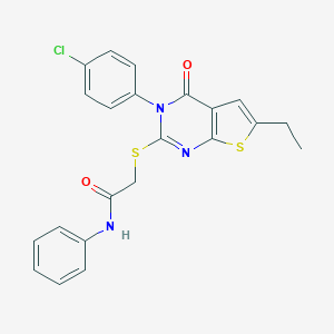 molecular formula C22H18ClN3O2S2 B295271 2-{[3-(4-chlorophenyl)-6-ethyl-4-oxo-3,4-dihydrothieno[2,3-d]pyrimidin-2-yl]sulfanyl}-N-phenylacetamide 