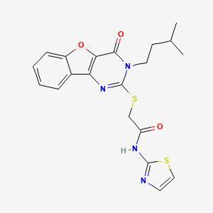molecular formula C20H20N4O3S2 B2952712 2-{[3-(3-methylbutyl)-4-oxo-3,4-dihydro[1]benzofuro[3,2-d]pyrimidin-2-yl]sulfanyl}-N-(1,3-thiazol-2-yl)acetamide CAS No. 900003-53-4