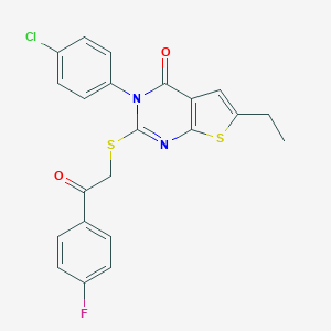 molecular formula C22H16ClFN2O2S2 B295274 3-(4-chlorophenyl)-6-ethyl-2-{[2-(4-fluorophenyl)-2-oxoethyl]sulfanyl}thieno[2,3-d]pyrimidin-4(3H)-one 