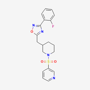 molecular formula C19H19FN4O3S B2952743 3-(2-氟苯基)-5-((1-(吡啶-3-磺酰基)哌啶-3-基)甲基)-1,2,4-恶二唑 CAS No. 1706005-88-0