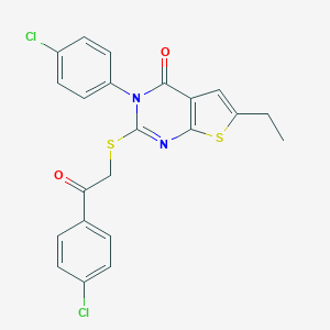 molecular formula C22H16Cl2N2O2S2 B295276 3-(4-chlorophenyl)-2-{[2-(4-chlorophenyl)-2-oxoethyl]sulfanyl}-6-ethylthieno[2,3-d]pyrimidin-4(3H)-one 