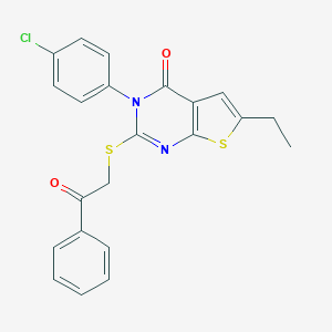 molecular formula C22H17ClN2O2S2 B295277 3-(4-chlorophenyl)-6-ethyl-2-[(2-oxo-2-phenylethyl)sulfanyl]thieno[2,3-d]pyrimidin-4(3H)-one 