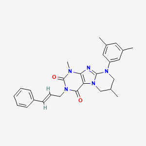 molecular formula C27H29N5O2 B2952800 3-cinnamyl-9-(3,5-dimethylphenyl)-1,7-dimethyl-6,7,8,9-tetrahydropyrimido[2,1-f]purine-2,4(1H,3H)-dione CAS No. 873076-40-5